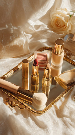 A stylish collection of makeup products is arranged on a mirror tray. Golden tubes reflect the warm light, while cream and rose colors create a soft, romantic feel in the setting.の素材