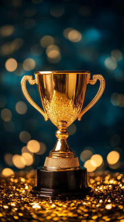 A golden trophy shines brightly against a sparkling blue backdrop. The trophy is adorned with ornate details, resting on a black base, perfect for an award ceremony.の素材