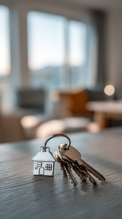 Keychain shaped like a house rests on a wooden table. Soft light fills a cozy living room with blurred furniture in the background, creating a warm atmosphere..の素材
