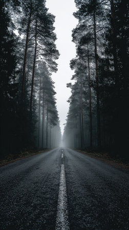 A wide road stretches through a dense forest, surrounded by tall evergreen trees. Thick mist hangs in the air, creating a calm and serene atmosphere during early morning light..の素材