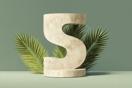 A simple yet stylish stone sculpture shaped like the letter S stands on a muted surface surrounded by fresh green palm leaves, creating a calm and modern aesthetic for design enthusiasts.の素材