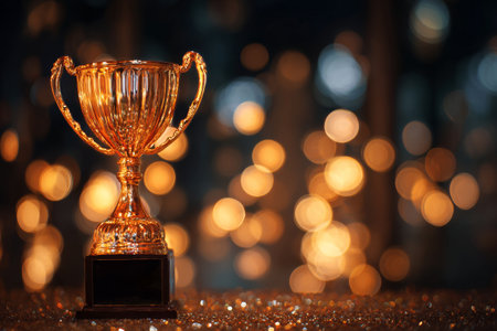 A golden trophy stands prominently against a backdrop of sparkling lights, capturing the essence of celebration and achievement at an evening event.の素材