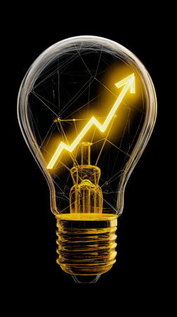 This unique light bulb features glowing arrows that indicate growth and progress. The warm orange color contrasts against a dark background, creating an eye-catching design..の素材