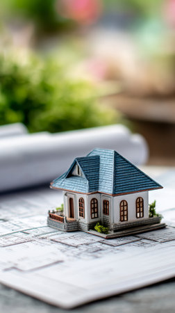 A small model house sits on detailed architectural plans in a bright workspace filled with greenery. The scene captures the essence of creativity and design during the day.の素材