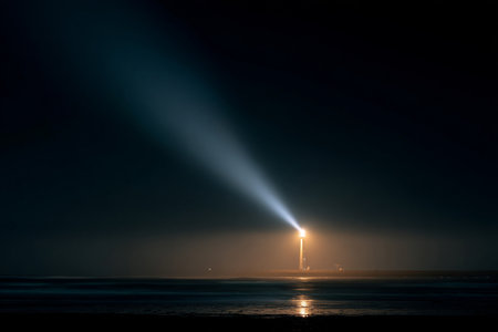 A strong beam of light from a lighthouse cuts through the darkness, illuminating the calm ocean waves on a quiet night at the coast. The scene exudes a sense of tranquility.の素材
