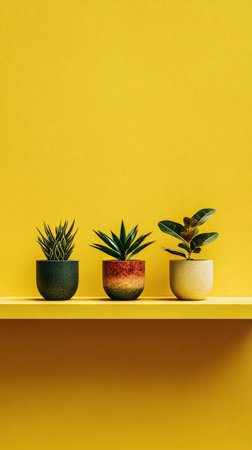 Three potted plants of different sizes and colors sit neatly on a wooden shelf. The cheerful yellow wall behind enhances the green foliage and adds warmth to the space..の素材
