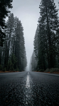 A wide road stretches through a dense forest, surrounded by tall evergreen trees. Thick mist hangs in the air, creating a calm and serene atmosphere during early morning light.の素材
