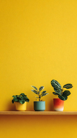 Three potted plants of different sizes and colors sit neatly on a wooden shelf. The cheerful yellow wall behind enhances the green foliage and adds warmth to the space.の素材