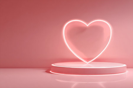 Soft pink light outlines a heart shape above a smooth round platform. The background enhances the glowing effect, creating a warm and inviting atmosphere for decor or photography.の素材