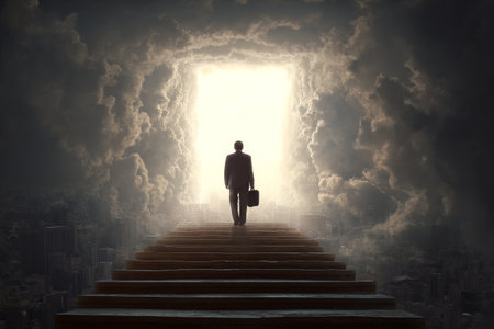 A man in a business suit ascends stairs leading to a bright light, surrounded by dark clouds. The scene evokes a sense of hope and ambition amid uncertainty.の素材