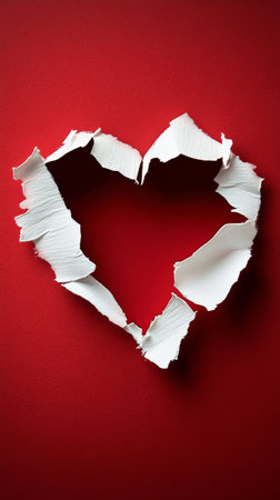 A heart shape emerges from torn white paper, revealing a vivid red background. This design adds a cheerful touch, suitable for various romantic or artistic themes..の素材