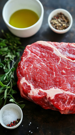 A raw beef cut placed on a dark surface surrounded by olive oil, salt, pepper, and fresh herbs, prepared for a meal. The scene is set in a kitchen with natural lighting.の素材