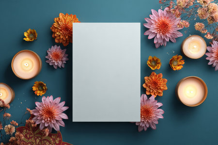 Colorful flowers and soft candles create a charming scene around a blank canvas. This setup is ideal for artistic projects or celebrations, inviting creativity and warmth.の素材