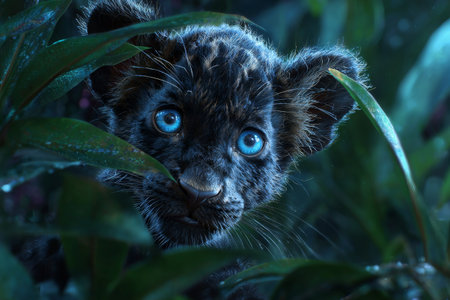 A black leopard cub with striking blue eyes peeks out from behind lush green leaves in a vibrant forest. Its playful yet curious expression captivates the surrounding nature..の素材