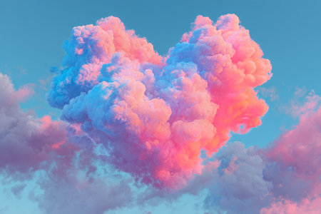 A heart-shaped cloud displays shades of pink and blue in the sky at sunset. The vibrant colors reflect the warmth of the evening light, creating a beautiful scene in nature..の素材