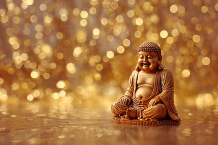 A serene Buddha statue sits calmly with a joyful expression, surrounded by shimmering golden lights that create a tranquil atmosphere. The setting evokes peace and harmony.の素材