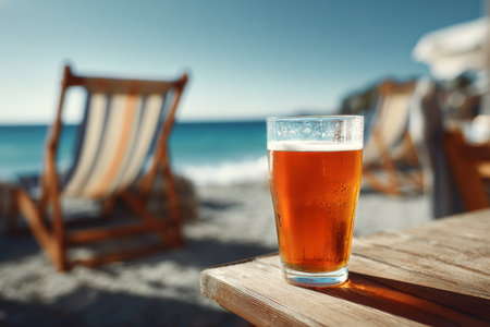 A clear glass of amber beer sits on a wooden table beside the beach. Comfortable chairs in the background face the calm ocean under a bright, sunny sky.の素材