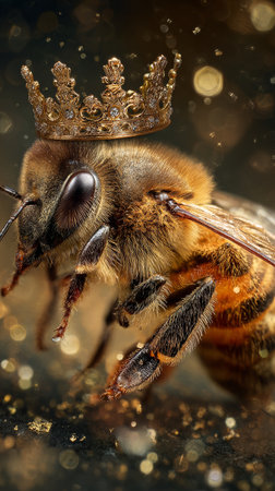 A close-up view of a bee wearing a tiny crown, highlighting its fur and wings. The setting is filled with sparkling golden light, creating a regal appearance.の素材
