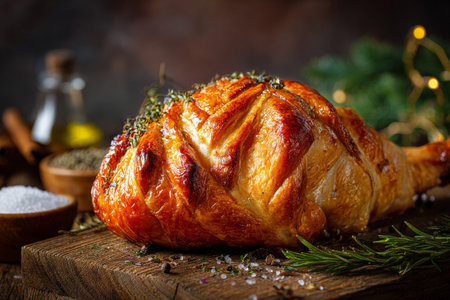 Golden roasted turkey leg sits on a wooden board surrounded by herbs and spices in a warm kitchen. The dish looks delicious and inviting, perfect for a special gathering or holiday meal.の素材
