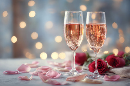 Two elegant glasses filled with sparkling pink drink sit on a table surrounded by rose petals and red roses, creating a romantic atmosphere perfect for a celebration.の素材