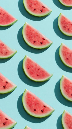 Fresh watermelon slices are neatly placed on a smooth light blue surface, creating a bright and colorful summer scene. Each slice showcases juicy red flesh and green rind.の素材