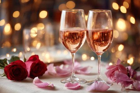 Two elegant glasses filled with sparkling pink drink sit on a table surrounded by rose petals and red roses, creating a romantic atmosphere perfect for a celebration..の素材