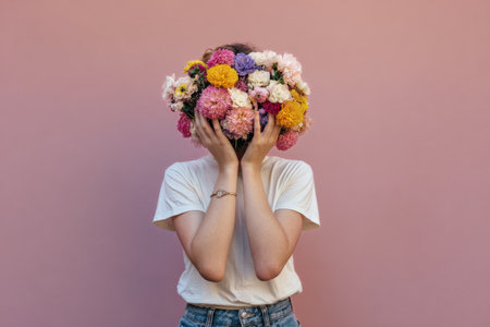A young person stands against a pink wall, holding a colorful flower crown in front of their face. Bright flowers contrast beautifully with the soft background color.の素材