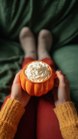 Warm hands cradle a pumpkin mug filled with creamy drink topped with whipped cream, while cozy socks rest on a warm blanket. Perfect for autumn relaxation..の素材