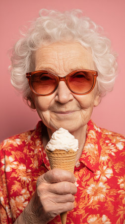 Elderly woman with curly white hair wears sunglasses and a floral shirt while happily holding an ice cream cone in front of a pink backdrop.の素材