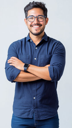 A confident man stands with his arms crossed, wearing a dark blue button-up shirt. He has glasses and smiles warmly, set against a simple light backdrop.の素材