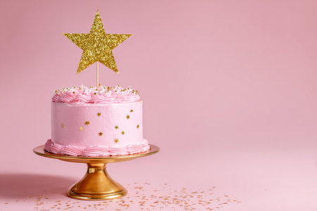 A pink cake with swirls of frosting and a glittering gold star on top stands on a gold cake stand. The background is soft pink, adding to the celebratory mood.の素材