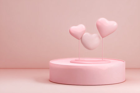 Three heart shapes in shades of pink and white stand on a smooth, circular podium in a soft pastel setting. The design creates a calm and cheerful ambiance suited for celebrations.の素材