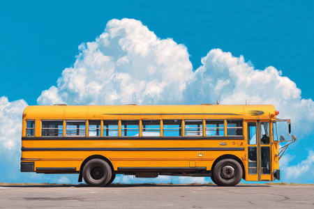 A bright yellow school bus stands parked in an open area. The clear blue sky is adorned with large, fluffy white clouds, creating a cheerful scene during the day.の素材