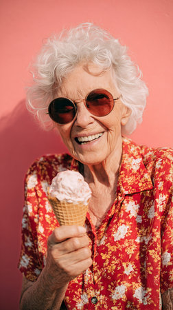Elderly woman with curly white hair wears sunglasses and a floral shirt while happily holding an ice cream cone in front of a pink backdrop..の素材