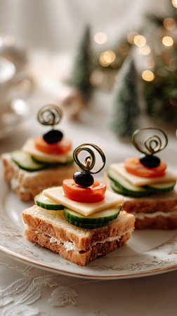 Small, colorful vegetable sandwiches are placed neatly on a plate. Fresh cucumbers, tomatoes, and cheese are layered and topped with olives. Soft lighting creates a warm atmosphere..の素材