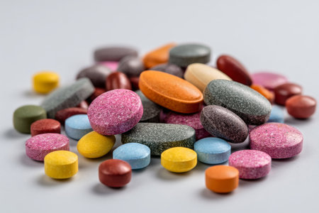 A variety of round and oblong pills in multiple colors and sizes are scattered on a light gray background, showing different shapes and textures under soft lighting.の素材