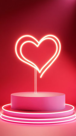 A glowing pink heart-shaped neon sign is mounted on a round pink pedestal. The vibrant light contrasts with the dark background, creating a warm and inviting atmosphere..の素材