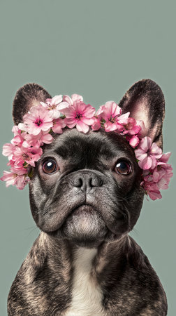 A French bulldog poses adorably with a pink flower crown. The dogs expression is sweet and curious, adding to its playful charm. The soft green background enhances the scene.の素材
