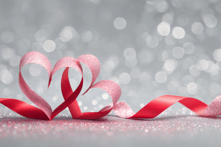 Two heart shapes crafted from red and pink ribbon lie atop a glittery surface. This scene captures a festive atmosphere, perfect for romantic events and special celebrations.の素材