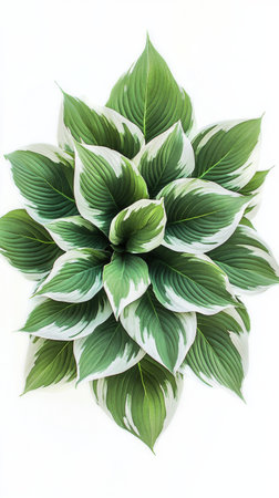 A vibrant hosta plant features large, glossy green leaves with striking white edges, showing the beauty of nature indoors. Perfect for home decoration or gardening.の素材