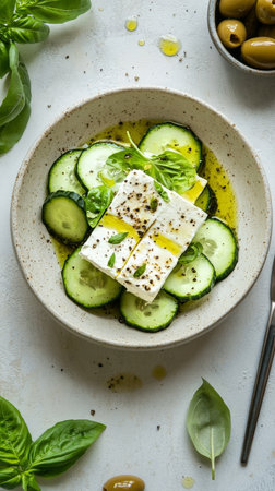 Colorful salad features sliced cucumber and tomato topped with cheese and fresh basil. Green olives are served in a bowl beside the dish, creating a vibrant meal option..の素材