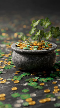A pot filled with shiny gold coins sits amidst scattered poker chips and green clovers on a dark surface, creating a festive atmosphere for a game night..の素材