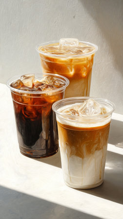 Three cups of iced coffee sit on a light table, filled with cold brew, cream, and caramel. Sunlight streams across, creating a cozy and inviting atmosphere.の素材