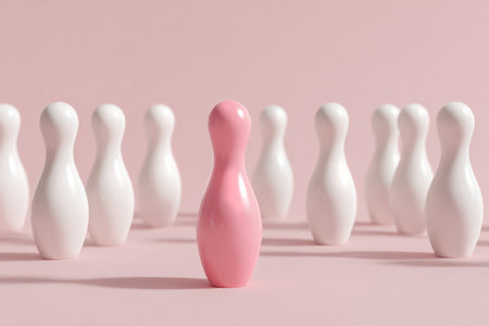 A set of white bowling pins is arranged in a playful way, with one pink pin standing out in the center. This colorful display adds a fun touch to the background..の素材