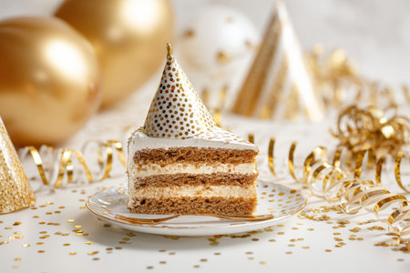 A slice of layered cake sits on a decorative plate, surrounded by golden balloons and party hats, capturing the joy of a celebration. The setting is bright and festive.の素材