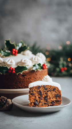 A slice of rich cake topped with cream and berries is served on a plate. The full cake is in the background surrounded by holiday decorations, creating a festive atmosphere..の素材