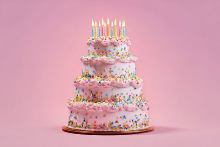 A tall, three-tiered cake stands elegantly against a pink backdrop. Each layer is adorned with vibrant sprinkles and topped with brightly colored candles ready to be lit.の素材