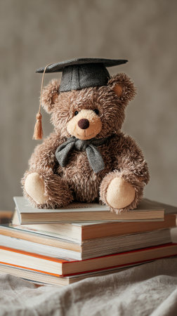 A cute teddy bear wearing a graduation cap sits proudly on a pile of books. The warm colors and soft textures create a charming, celebratory atmosphere.の素材