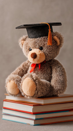 A cute teddy bear wearing a graduation cap sits proudly on a pile of books. The warm colors and soft textures create a charming, celebratory atmosphere..の素材