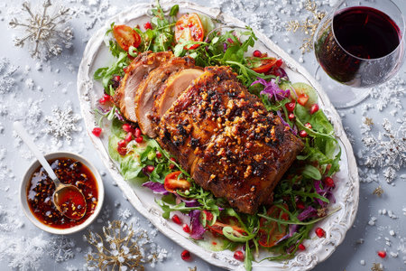 A beautifully presented roasted meat dish is surrounded by vibrant salad greens, cherry tomatoes, and pomegranate seeds. A glass of red wine completes the festive setting.の素材